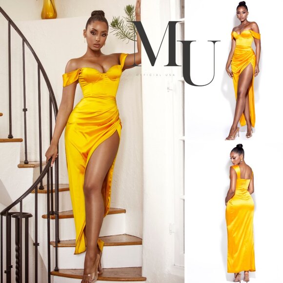 Miss Circle Dresses & Skirts - 💛Zarah Yellow High Slit Corset Satin Dress💛